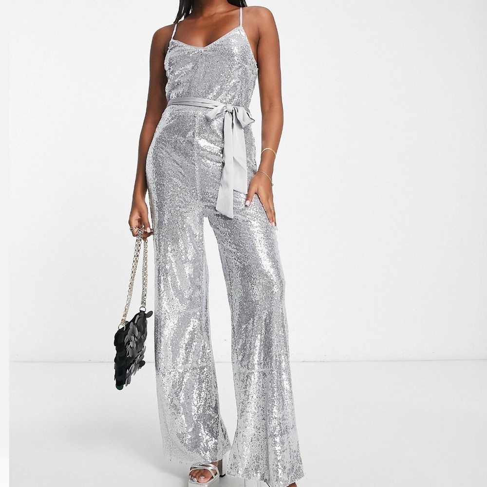 ASOS NWT Wide Leg Sequin Silver Jumpsuit 🪩